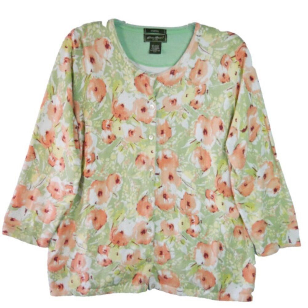 Eddie Bauer Womens Size XXL Stretch Floral 3/4 Sleeve Button-Up Sweater Cardigan